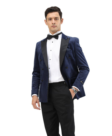 Tazzio Men's Navy Velvet Tuxedo Sport Coat – Satin Peak Lapel Formal Blazer