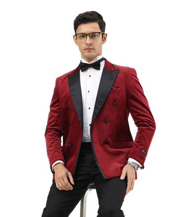 Tazzio Men’s Burgundy Velvet Tuxedo Sport Coat – Satin Peak Lapel Formal Blazer