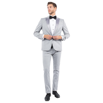Men's Light Grey Tailored-Fit Tuxedo Jacket – Satin Shawl Collar Formal Blazer