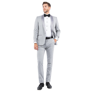 Men's Light Grey Tailored-Fit Tuxedo Jacket – Satin Shawl Collar Formal Blazer