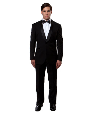 Men's Black & Black Satin Shawl Lapel 2-Piece Tuxedo – Modern Formal Suit