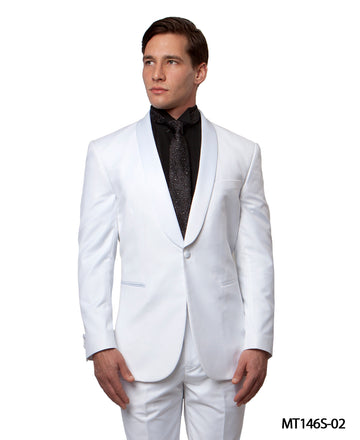 Men's White & White Satin Shawl Lapel 2-Piece Tuxedo – Modern Formal Suit