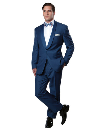 Men's Blue Satin Shawl Lapel 2-Piece Tuxedo – Modern Formal Suit
