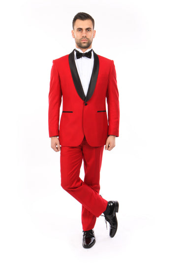 Men's Red & Black Satin Shawl Lapel 2-Piece Tuxedo – Modern Formal Suit