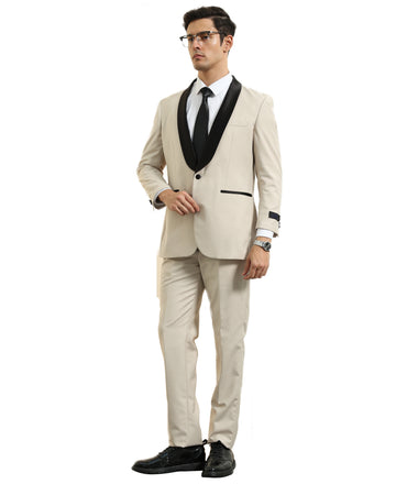 Men's Tan & Black Satin Shawl Lapel 2-Piece Tuxedo – Modern Formal Suit