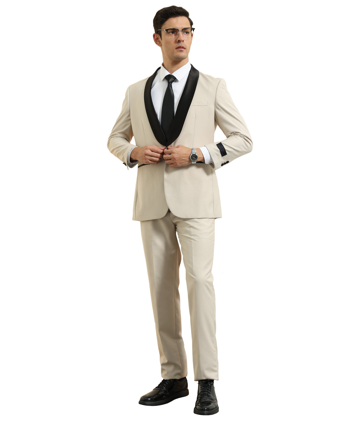 Men's Tan & Black Satin Shawl Lapel 2-Piece Tuxedo – Modern Formal Suit