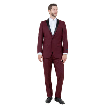 Men's Burgundy & Black Satin Shawl Lapel 2-Piece Tuxedo – Modern Formal Suit