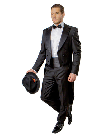 Men's Black Tailcoat Tuxedo – Black Satin Peak Lapel Formal White Tie Suit