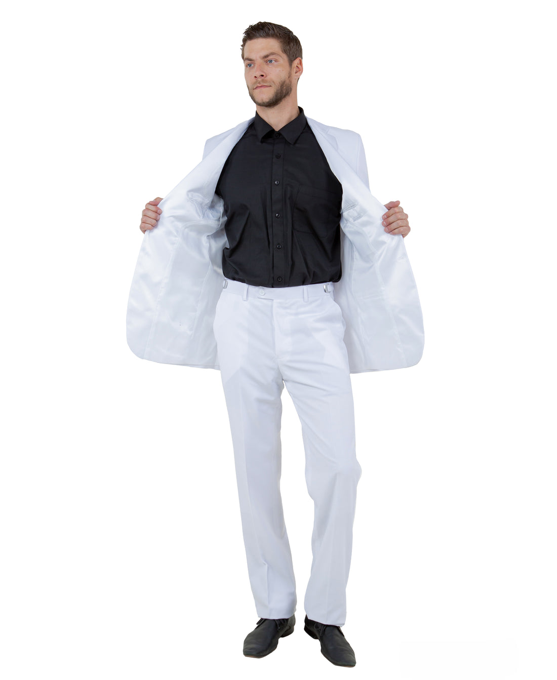 Bryan Michaels Men's White 3-Piece Tuxedo – White Satin Shawl Collar Slim Fit Formal Suit