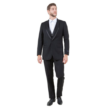 Bryan Michaels Men's Black 3-Piece Tuxedo – Satin Shawl Collar Slim Fit Formal Suit