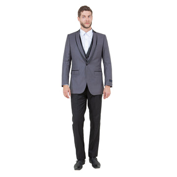 Bryan Michaels Men's Grey & Black 3-Piece Tuxedo – Satin Shawl Collar Slim Fit Formal Suit