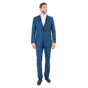 Bryan Michaels Men's 3-Piece Blue Tuxedo – Satin Shawl Collar Slim Fit Formal Suit