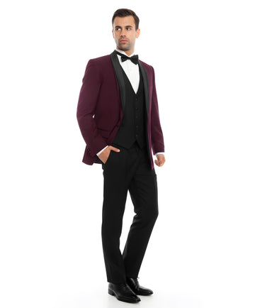 Men's Burgundy & Black Satin Shawl Lapel 2-Piece Tuxedo – Modern Formal Suit