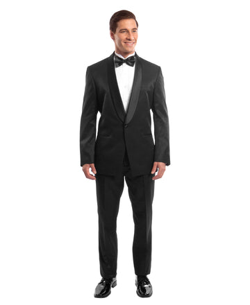 Men's Black & Black Satin Shawl Lapel 2-Piece Tuxedo – Modern Formal Suit