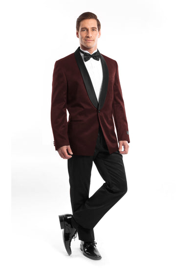 Men's Burgundy & Black Satin Shawl Lapel 2-Piece Tuxedo – Modern Formal Suit