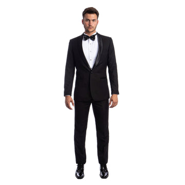 Azzuro Men's Black 2-Piece Tuxedo – Black Satin Shawl Collar Slim Fit Formal Suit