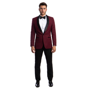 Azzuro Men's Black 2-Piece Tuxedo – Burgundy Satin Shawl Collar Slim Fit Formal Suit