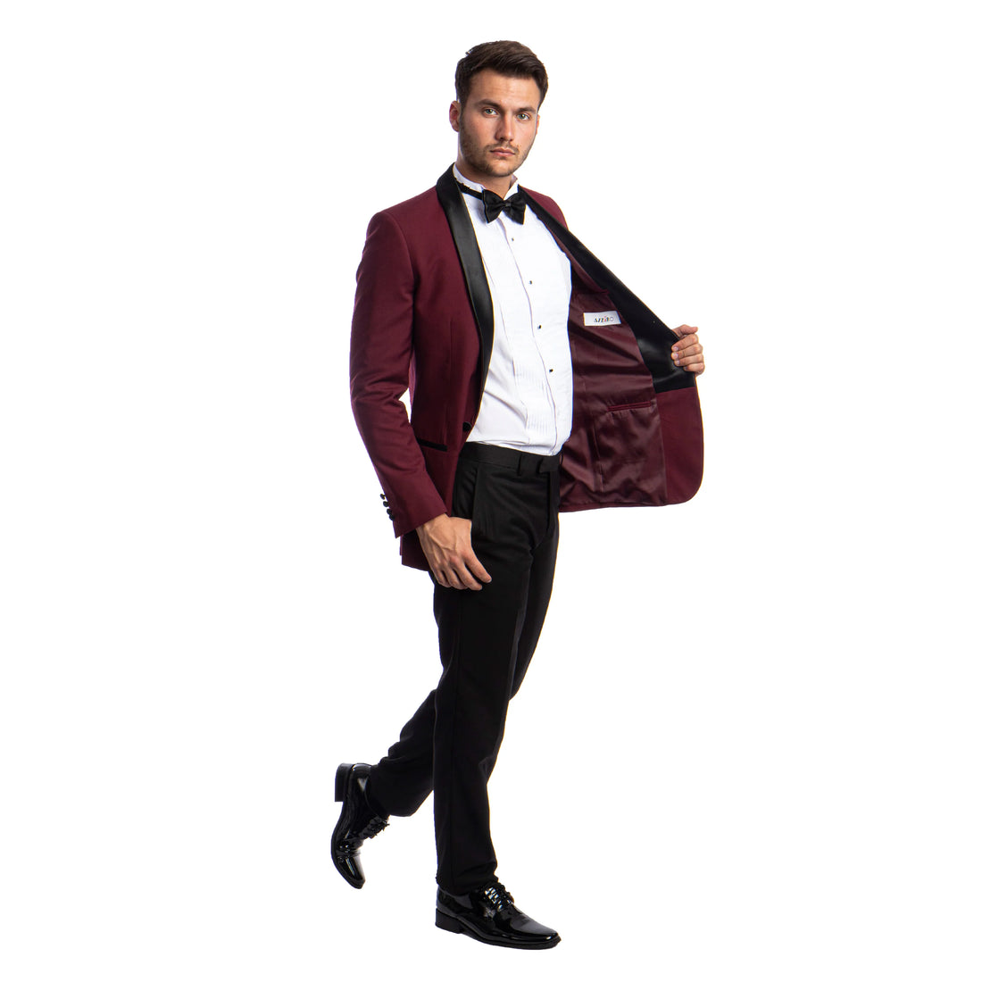 Azzuro Men's Black 2-Piece Tuxedo – Burgundy Satin Shawl Collar Slim Fit Formal Suit