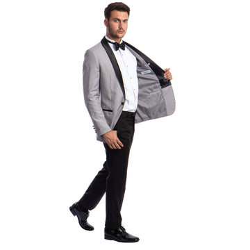 Azzuro Men's Light Grey & Black 2-Piece Tuxedo – Satin Shawl Collar Slim Fit Formal Suit
