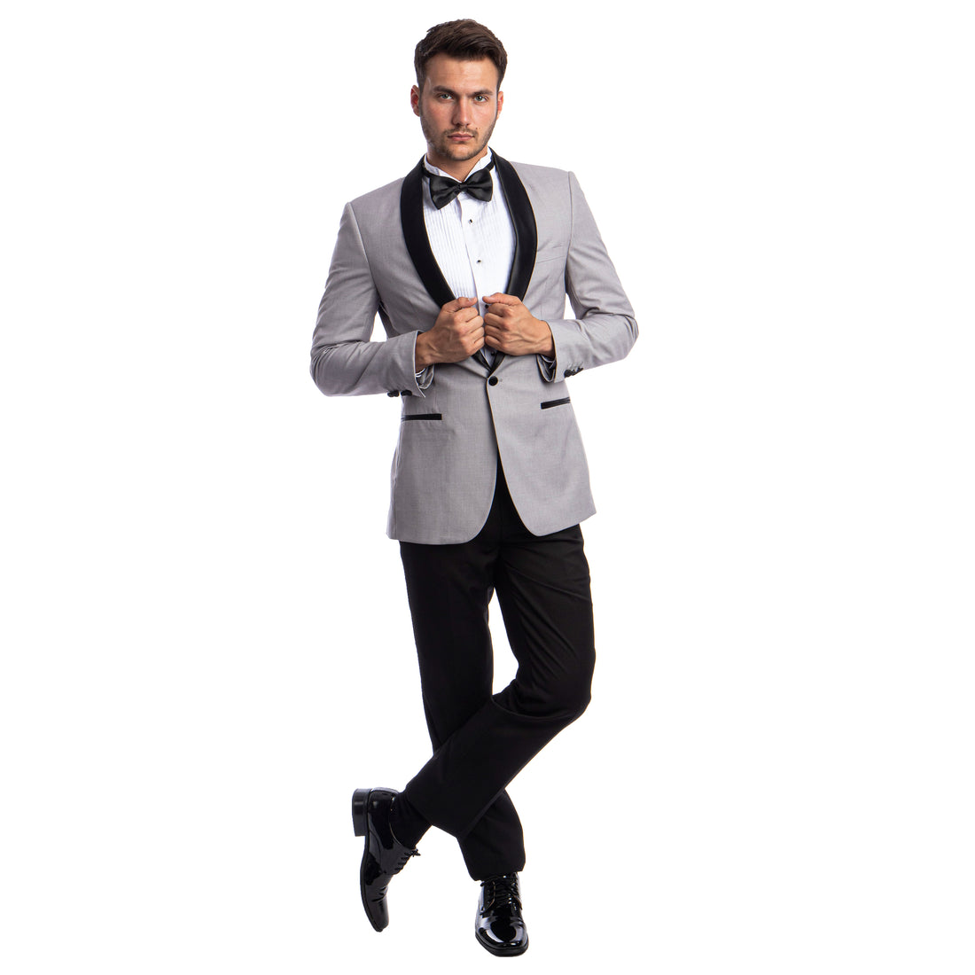 Azzuro Men's Light Grey & Black 2-Piece Tuxedo – Satin Shawl Collar Slim Fit Formal Suit