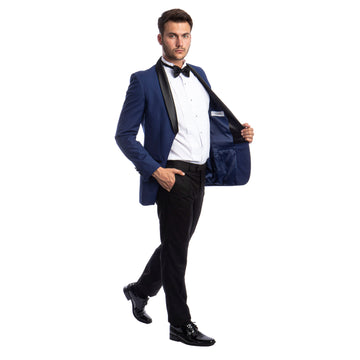 Azzuro Men's Navy 2-Piece Tuxedo –Navy Satin Shawl Collar Slim Fit Formal Suit