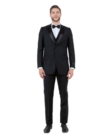 Men's Black 3-Piece Black Satin Peak Lapel Tuxedo – Modern Formal Wedding Suit