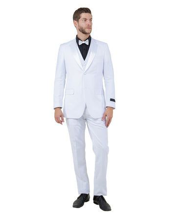 Men's White 3-Piece White Satin Peak Lapel Tuxedo – Modern Formal Suit