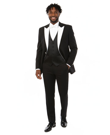 Men's Black 3-Piece White Satin Peak Lapel Tuxedo – Modern Formal Wedding Suit