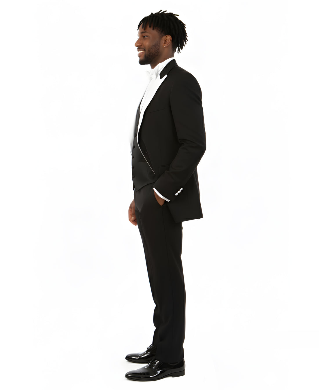 Men's Black 3-Piece White Satin Peak Lapel Tuxedo – Modern Formal Wedding Suit