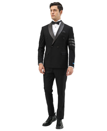 Designer Men's Black Double-Breasted Tuxedo with Satin Peak Lapel – Modern Slim Fit Formal Suit