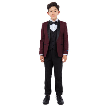 Perry Ellis Portfolio Boys 5-Piece Burgundy & Black Tuxedo Set – Shawl Collar Formal Suit