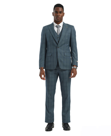 Turquoise/Green Fit 3pc Windowpane Suits