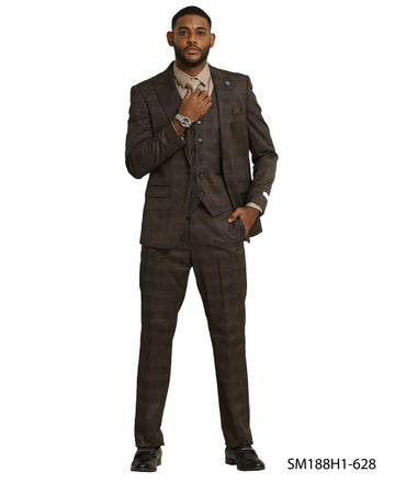 Mens-suit Glen Check Brown 3pc Men's Suit