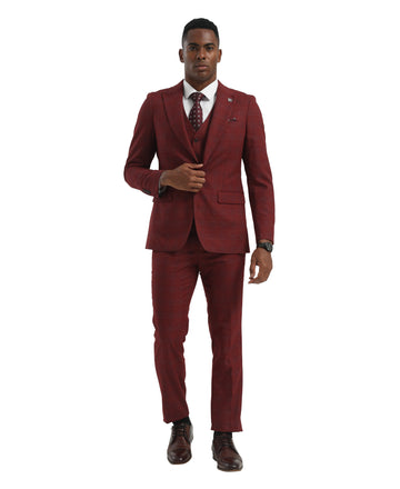 Burgundy Peak Lapel Fit 3pc Windowpane Suits