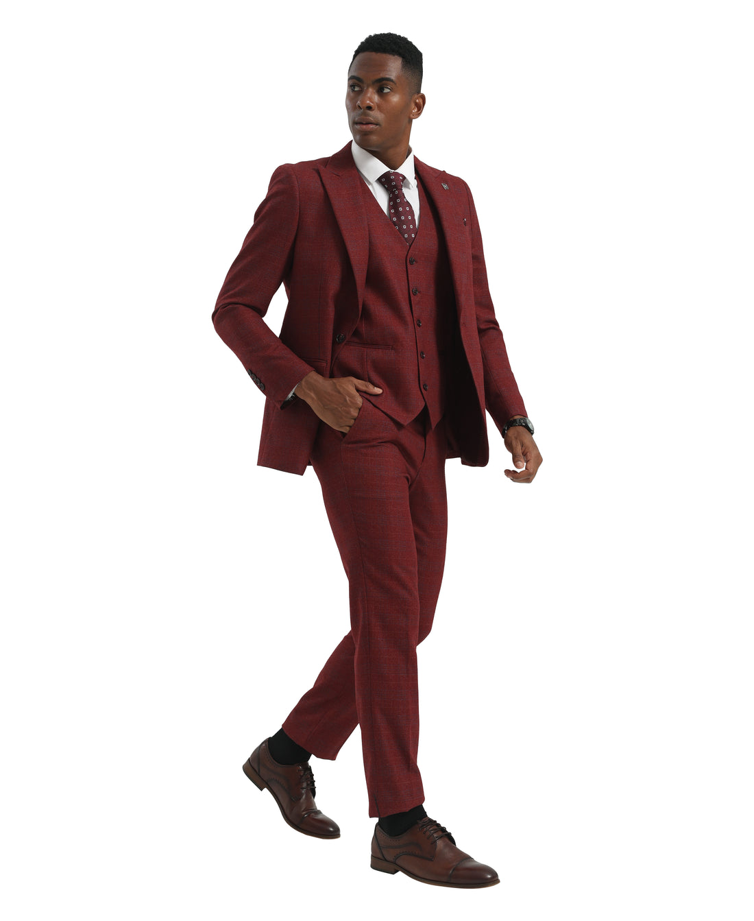Burgundy Peak Lapel Fit 3pc Windowpane Suits