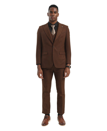 Brown Peak Lapel 3pc Windowpane Suits