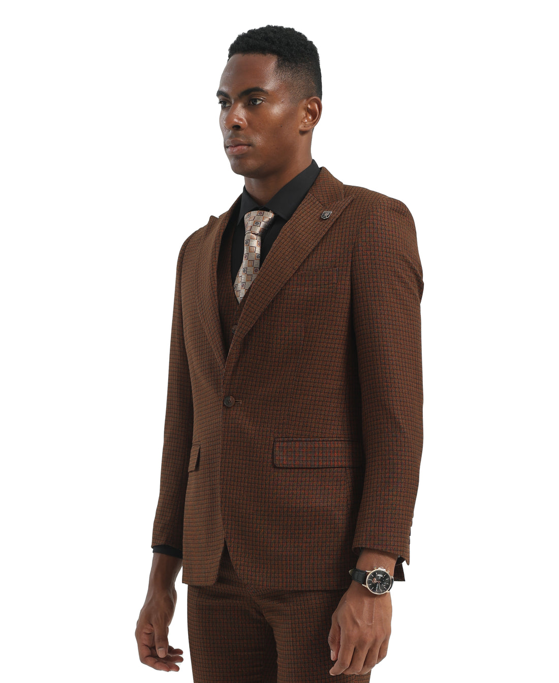 Brown Peak Lapel 3pc Windowpane Suits