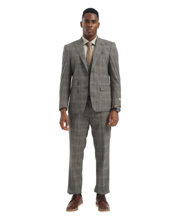 Men's Suit Light Grey Peak Lapel 3pc Plaid Suit