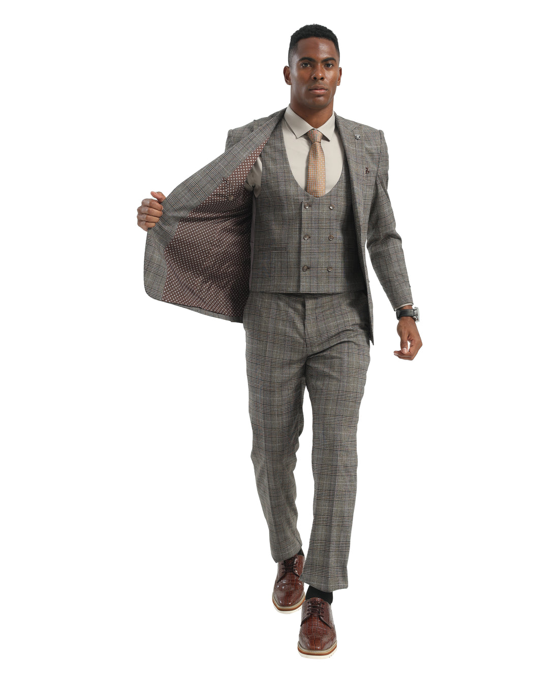 Men's Suit Light Grey Peak Lapel 3pc Plaid Suit