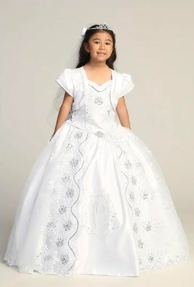 First Communion Dress Our Lady Of Guadalupe Short Sleeves Organza Lace Bodice