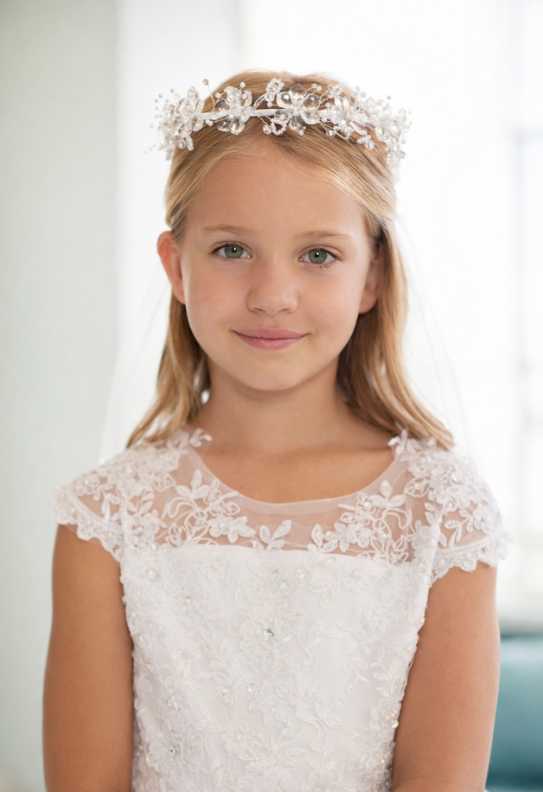 Dress style #5730x  Plus Size Communion Dress- Illusion Style Neckline With Lace Applique And Rhinestones