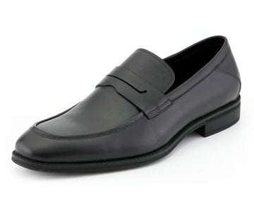Black leather loafer shoe on a white background