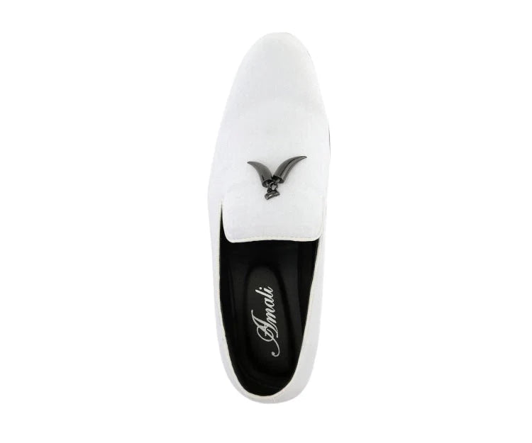 White loafer shoe with black interior and brand logo on a white background