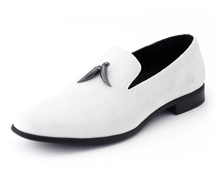 White loafer shoe with black sole on a white background